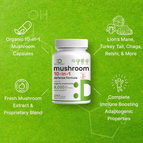 Deal Supplement Organic Mushroom Supplement 8000mg Per Serving 240 Capsules – 10 in 1 Defense Formula – Turkey Tail Lions Mane Cordyceps Chaga & More – Immune Energy & Brain Support – Non-GMO