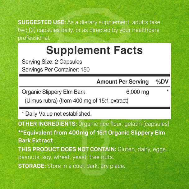 Deal Supplement Slippery Elm Capsules 6000mg Per Serving – 300 Pills Made with Organic Inner Bark Powder Extract – Natural Herb for Soothing Throat & Digestive Support – Non-GMO