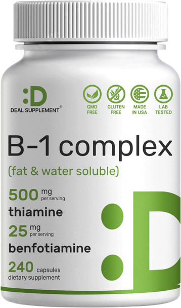 Deal Supplement Vitamin B1 500mg with Benfotiamine 240 Capsules – 2 in 1 Enhanced Formula – Fat & Water Soluble Thiamine B1 Supplement – Third Party Tested Non-GMO No Gluten
