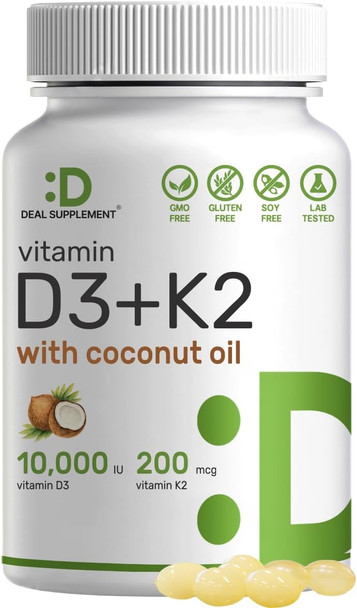 Deal Supplement Vitamin D3 10000iu + K2 200mcg Softgels & Magnesium Complex Veggie Capsules Bundle – Essential Sunshine Vitamins with Coconut Oil – High Absorption Chelated Minerals 10-in-1