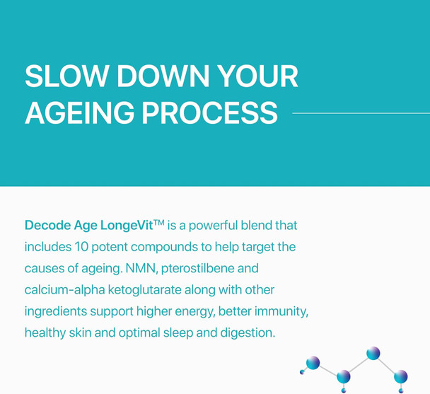 Decode Age LongeVit Supplement | Slow Down Ageing | Improve NAD+ Energy Level & Overall Stamina | Recovery from DNA damage (30 Veg Tablets)