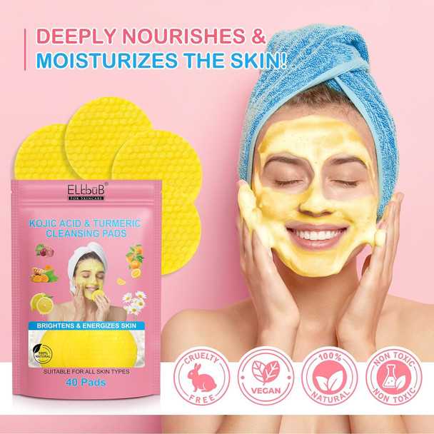 Elbbub Turmeric Cleansing Pads Kojic Acid Cleansing Pads - Gentle and Effective Daily Skincare for Face and Body