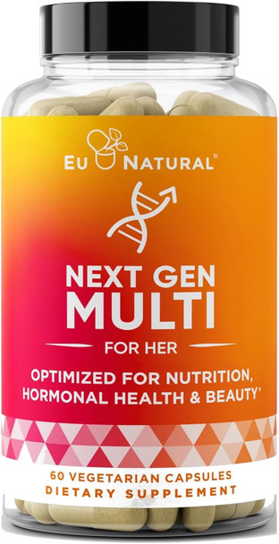 Eu Natural Next Gen Multivitamin for Women – 22 Optimized Vitamins for Immunity Beauty Brain Energy Bones and Heart – Vitamin C D E K Iron B6 and DHA - 60 Vegetarian Soft Capsules (Packaging May Vary)