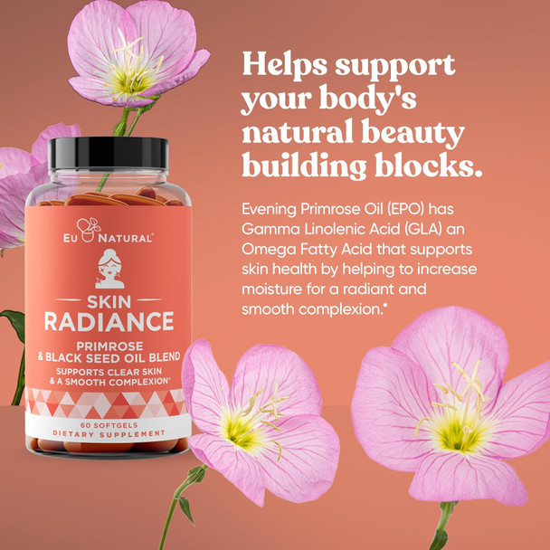Eu Natural Radiance Flawless Skin & Complexion – Hormonal Acne Skin Care – Support Your Natural Beauty Building Blocks – Cold Pressed Acne Pills Evening Primrose Oil Black Seed Oil & DIM – 60 Liquid Softgels
