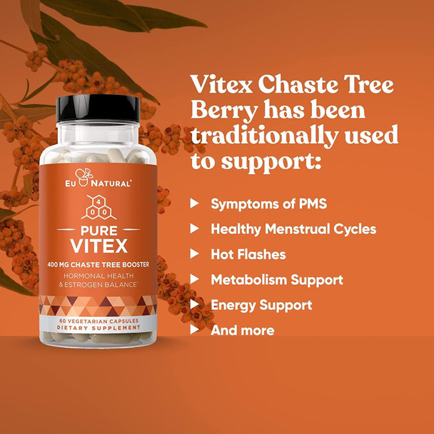 Eu Natural Vitex Pure 400 Mg Chasteberry – Natural PMS Support Balance Hormones Regulate Cycle Promote Skin Health – Full-Spectrum & Standardized – 60 Vegan Soft Capsules