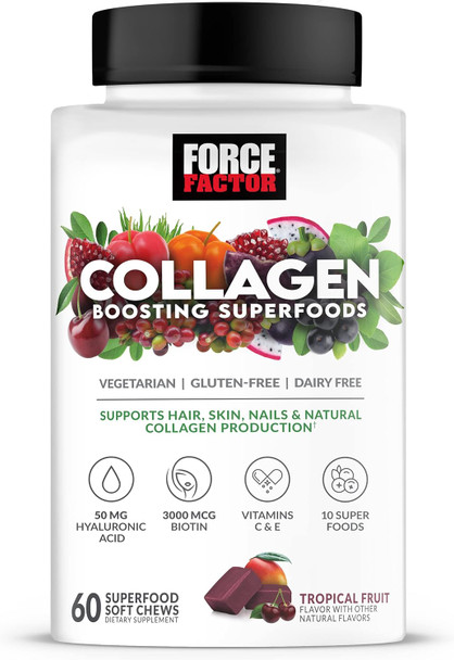 Force Factor Collagen Boosting Superfoods with Biotin Hyaluronic Acid Bamboo and Hair Skin and Nails Vitamins Nail Strengthener and Skin Supplement Tropical Fruit Flavor 60 Soft Chews