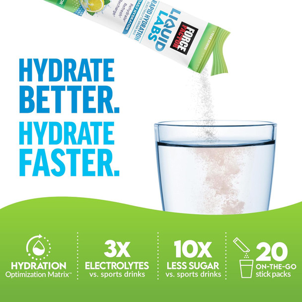 Force Factor Liquid Labs Electrolytes Powder Packets—Lemon Lime—Hydration Packets to Make Electrolyte Water with 5 Essential Electrolytes Vitamins Minerals and Antioxidants 20 Stick Packs