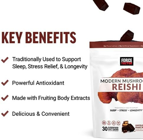 Force Factor Modern Mushrooms Soft Chews Reishi Mushroom Supplement To Support Sleep Stress Relief & Longevity Antioxidants Supplement Delicious Chocolate Peanut Butter Cup Flavor 30 Soft Chews