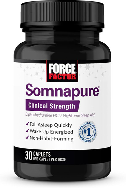 Force Factor Somnapure Clinical Strength Sleep Aid for Adults Diphenhydramine HCl Non-Habit-Forming Nighttime Sleep Support 30 Caplets