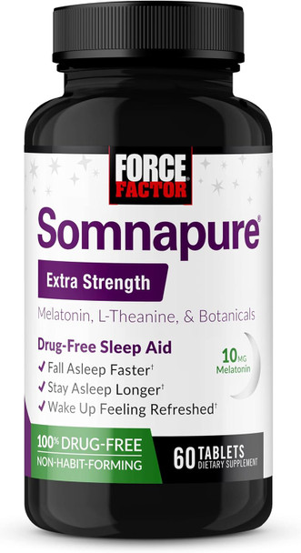 Force Factor Somnapure Extra Strength Sleep Aid to Fall Asleep Faster & Stay Asleep Longer Sleep Aids for Adults Sleeping Pills with 10mg Melatonin L-Theanine Chamomile Lemon Balm 60 Tablets