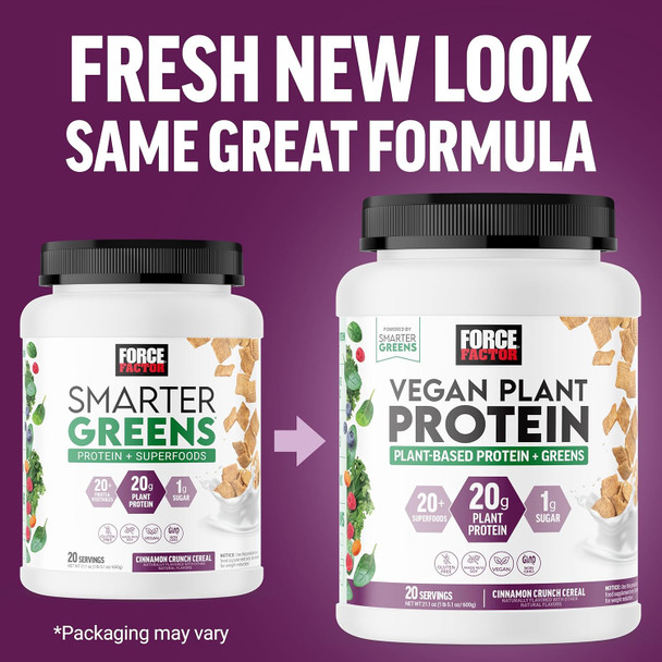 Force Factor Vegan Plant Protein Plant-Based Protein + Greens Greens Powder with 20g Plant Based Protein Digestive Enzymes and Fiber Cinnamon Cereal Flavor 20 Servings (Packaging May Vary)
