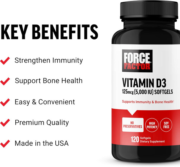 Force Factor Vitamin D3 5000 IU Softgels High-Potency Vitamin D Supplement to Support Immunity and Bone Health Premium Quality No Preservatives 120 Softgels