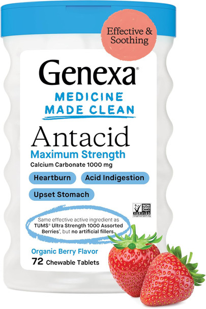 Genexa Antacid Maximum Strength Chewable Tablets | Calcium Carbonate Acid Reducer Relief for Heartburn Acid Indigestion & Upset Stomach | Delicious Organic Berry Flavor | 72 Tablets Genexa Antacid Maximum Strength Chewable Tablets | Calcium Carbonate Acid Reducer Relief for Heartburn Acid Indigestion & Upset Stomach | Delicious Organic Berry Flavor | 72 Tablets