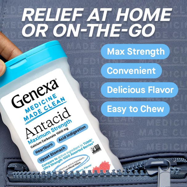 Genexa Antacid Maximum Strength Chewable Tablets | Calcium Carbonate Acid Reducer Relief for Heartburn Acid Indigestion & Upset Stomach | Delicious Organic Berry Flavor | 72 Tablets Genexa Antacid Maximum Strength Chewable Tablets | Calcium Carbonate Acid Reducer Relief for Heartburn Acid Indigestion & Upset Stomach | Delicious Organic Berry Flavor | 72 Tablets