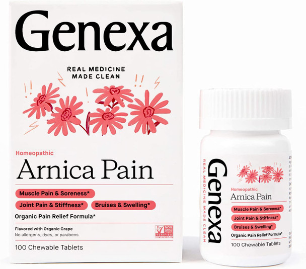 Genexa Arnica Tablets for Pain Relief Formula | Alleviate Muscle & Joint Pain Soreness & Stiffness | Delicious Organic Grape Flavor | Homeopathic Remedy Made Clean | 300 Chewable Tablets (3 Pack) Genexa Arnica Tablets for Pain Relief Formula | Alleviate Muscle & Joint Pain Soreness & Stiffness | Delicious Organic Grape Flavor | Homeopathic Remedy Made Clean | 300 Chewable Tablets (3 Pack)