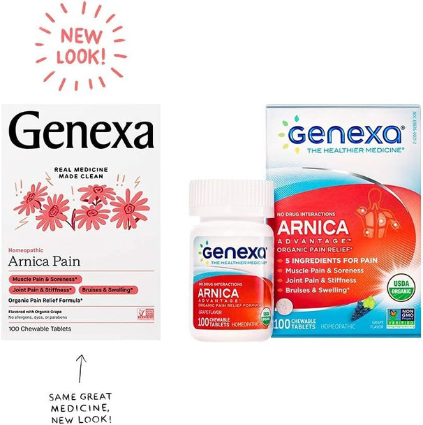 Genexa Arnica Tablets for Pain Relief Formula | Alleviate Muscle & Joint Pain Soreness & Stiffness | Delicious Organic Grape Flavor | Homeopathic Remedy Made Clean | 300 Chewable Tablets (3 Pack) Genexa Arnica Tablets for Pain Relief Formula | Alleviate Muscle & Joint Pain Soreness & Stiffness | Delicious Organic Grape Flavor | Homeopathic Remedy Made Clean | 300 Chewable Tablets (3 Pack)