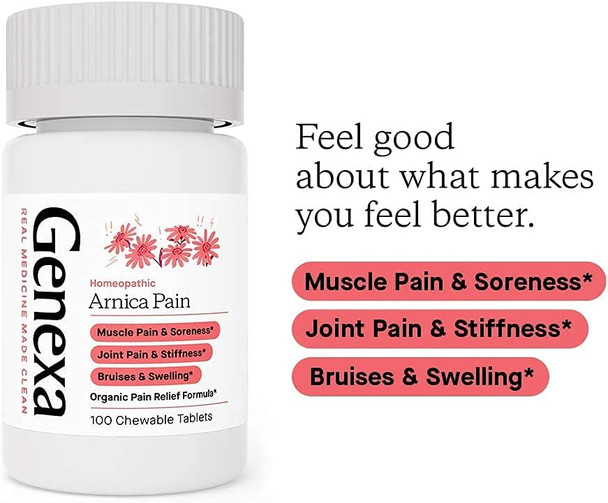 Genexa Arnica Tablets for Pain Relief Formula | Alleviate Muscle & Joint Pain Soreness & Stiffness | Delicious Organic Grape Flavor | Homeopathic Remedy Made Clean | 300 Chewable Tablets (3 Pack) Genexa Arnica Tablets for Pain Relief Formula | Alleviate Muscle & Joint Pain Soreness & Stiffness | Delicious Organic Grape Flavor | Homeopathic Remedy Made Clean | 300 Chewable Tablets (3 Pack)