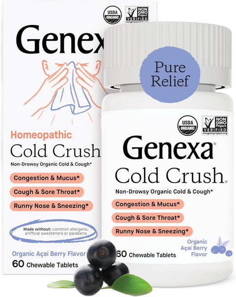 Genexa Cold Crush | Multi-Symptom Cough & Cold Relief for Adults | Delicious Organic Acai Berry Flavor | Organic & Non-GMO | Homeopathic Remedy Made Clean | 60 Chewable Tablets