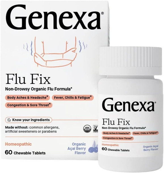 Genexa Flu Fix | Multi-Symptom Flu Remedy for Kids & Adults | Delicious Organic Acai Berry Flavor | Organic & Non-GMO | Homeopathic Remedy Made Clean | 60 Chewable Tablets Genexa Flu Fix | Multi-Symptom Flu Remedy for Kids & Adults | Delicious Organic Acai Berry Flavor | Organic & Non-GMO | Homeopathic Remedy Made Clean | 60 Chewable Tablets