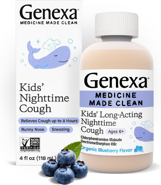 Genexa Kids' Nighttime Cough Medicine | Long-Acting Children’s Liquid Cough Suppressant and Temporary Relief for Runny Nose and Sneezing for Kids 6+ | Delicious Organic Blueberry Flavor | 4 Fl Oz