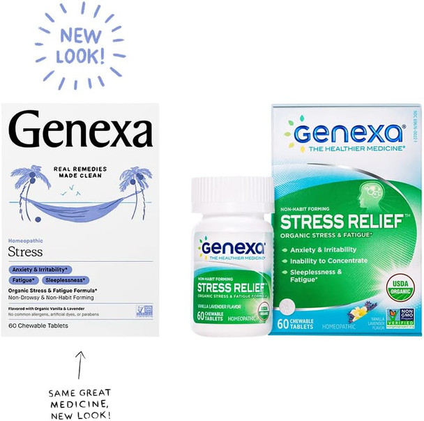 Genexa Stress for Adults | Anxiety Relief & Fatigue Remedy | Soothing Natural Vanilla & Lavender Flavor | Gluten & Non-GMO | Homeopathic Remedy Made Clean | 60 Chewable Tablets Genexa Stress for Adults | Anxiety Relief & Fatigue Remedy | Soothing Natural Vanilla & Lavender Flavor | Gluten & Non-GMO | Homeopathic Remedy Made Clean | 60 Chewable Tablets