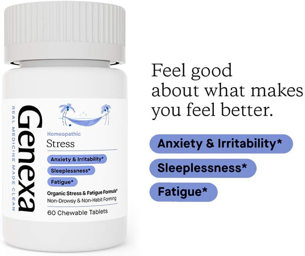 Genexa Stress for Adults | Anxiety Relief & Fatigue Remedy | Soothing Natural Vanilla & Lavender Flavor | Gluten & Non-GMO | Homeopathic Remedy Made Clean | 60 Chewable Tablets Genexa Stress for Adults | Anxiety Relief & Fatigue Remedy | Soothing Natural Vanilla & Lavender Flavor | Gluten & Non-GMO | Homeopathic Remedy Made Clean | 60 Chewable Tablets