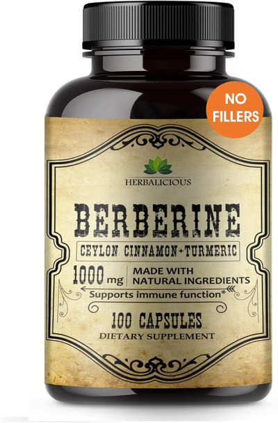 Herbalicious Berberine Capsules Ceylon Cinnamon & Turmeric - Berberine HCL Dietary Supplement for Men and Women – Non GMO Berberine 1000mg – Ideal for Immune Support Heart Cholesterol Level