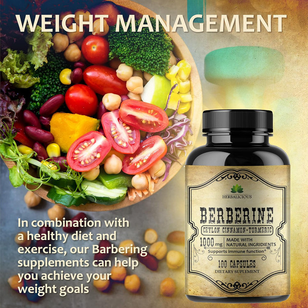 Herbalicious Berberine Capsules Ceylon Cinnamon & Turmeric - Berberine HCL Dietary Supplement for Men and Women – Non GMO Berberine 1000mg – Ideal for Immune Support Heart Cholesterol Level