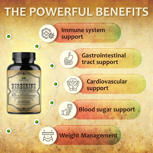 Herbalicious Berberine Capsules Ceylon Cinnamon & Turmeric - Berberine HCL Dietary Supplement for Men and Women – Non GMO Berberine 1000mg – Ideal for Immune Support Heart Cholesterol Level