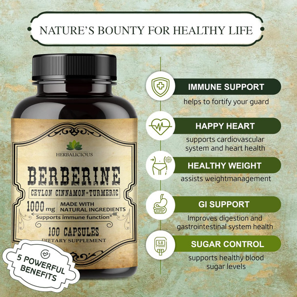 Herbalicious Berberine Capsules Ceylon Cinnamon & Turmeric - Berberine HCL Dietary Supplement for Men and Women – Non GMO Berberine 1000mg – Ideal for Immune Support Heart Cholesterol Level