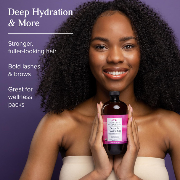 Heritage Store Organic Castor Oil Glass Bottle Cold Pressed Rich Hydration for Hair & Skin Bold Lashes & Brows 16oz