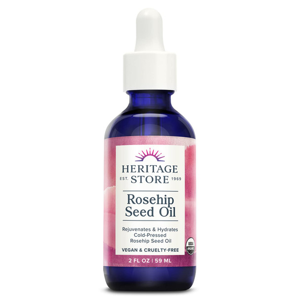 Heritage Store Rosehip Seed Oil Organic Cold Pressed Deep Hydration for Dry Combination Skin Care & Dry Scalp Rejuvenates Hydrates & Balances Naturally Rich in Vitamin A & Vitamin E Vegan 2oz