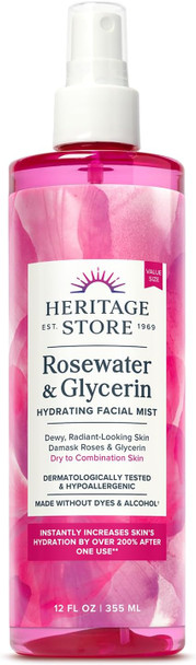 Heritage Store Rosewater & Glycerin Hydrating Facial Mist - Dry Combination Skin Care - Rose Water Spray w/Vegetable Glycerine Made Without Dyes or Alcohol Hypoallergenic Vegan Cruelty 12oz