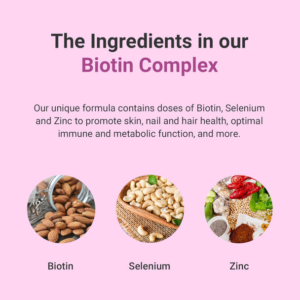 Hey Nutrition Biotin Complex Supplement - Biotin Selenium and Zinc - Supports Hair Nails & Skin - Promotes Immune Health - No Artificial Flavours Non-GMO & Dairy- - 60 Vegan Capsules
