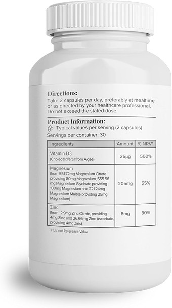 Hey Nutrition Magnesium Complex High Strength 205mg Supplement - Zinc Vitamin D3 - Muscle & Bone Health Nerve Function & Energy Support - UK Manufactured - Non-GMO - 60 Vegetarian Capsules
