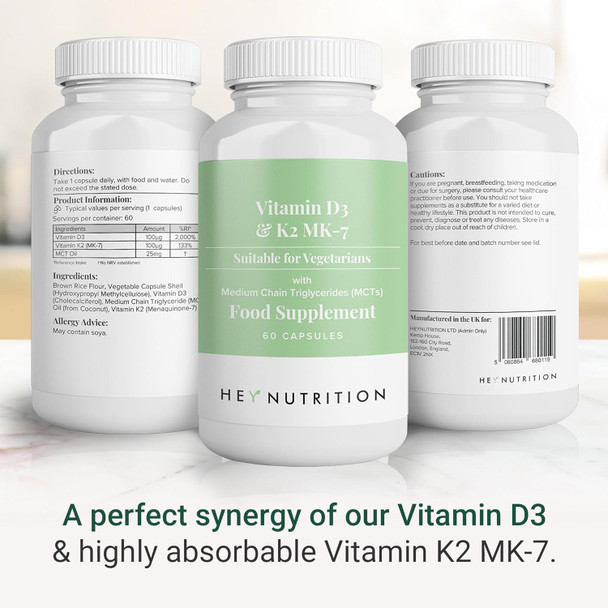 Hey Nutrition Vitamin D3 & K2 MK-7-100ug Each with MCT Oil - Suitable for Vegetarians - Support Healthy Bones Teeth Muscles Immune Function and Fatigue - Non-GMO 60 Vegetarian Capsules