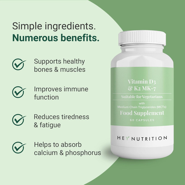 Hey Nutrition Vitamin D3 & K2 MK-7-100ug Each with MCT Oil - Suitable for Vegetarians - Support Healthy Bones Teeth Muscles Immune Function and Fatigue - Non-GMO 60 Vegetarian Capsules
