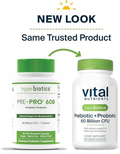 Hyperbiotics Prebiotic + Probiotic 60 Billion CFU (Prev. Pre+Pro 60B) | High-Potency Immune & Upper Respiratory Probiotic | Reduce Gas & Bloating | Shelf-Stable | Vegan | 30 Capsules