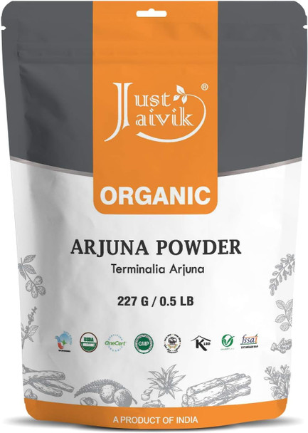 Just Jaivik 100% Organic Arjuna Bark Powder (Terminalia Arjuna) 1/2 LB 08 oz 227g USDA Organic- Biodegradable Resealable Zip Lock Pouch Traditional rejuvenative and Tonic for The Heart