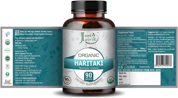 Just Jaivik Organic Haritaki (Terminalia Chebula) Tablets As Dietary Supplements - 750mg (90 Tablets) | Detoxification & Rejuvenation for Vata