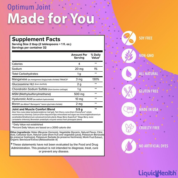 Liquidhealth 32 Oz Optimum Joint Support Supplement with Glucosamine Chondroitin MSM Hyaluronic Acid - Triple Strength Liquid Vitamins Gluten- Sugar- Dairy- Soy- Joint Juice