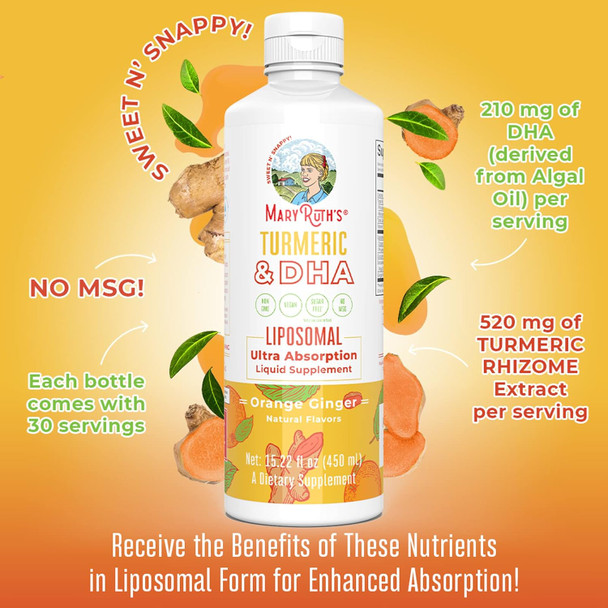 Maryruth Organics | Liposomal Turmeric & DHA | Curcumin | Ginger Root Oil | Algal DHA & Vitamin E | Cognitive Function | Mood Support | Joint Health | Liquid Supplement | 15.22 oz