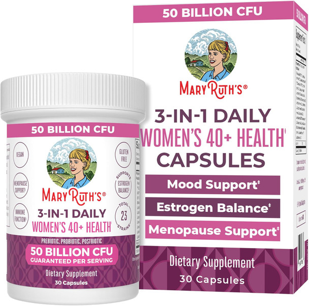 Maryruth Organics 3-in-1 Daily Health 40+ Probiotics for Women | Clinically Tested | Estrogen Supplement for Women | 50 Billion CFU | Allergen | 30 ct