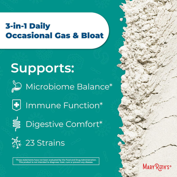 Maryruth Organics 3-in-1 Gas & Bloat Probiotics | Probiotics for Normal Digestive Function | Probiotics for Women & Men | Prebiotics & Postbiotics | 60 Billion CFU | Shelf Stable | 0.5 oz