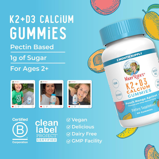 Maryruth Organics Calcium with Vitamin D & Vitamin K2 2 Month Supply Calcium Supplement Supports Bone Health & Joint Support with Vitamins D3 K2 Gummies Vegan Non-GMO Gluten 60 Count
