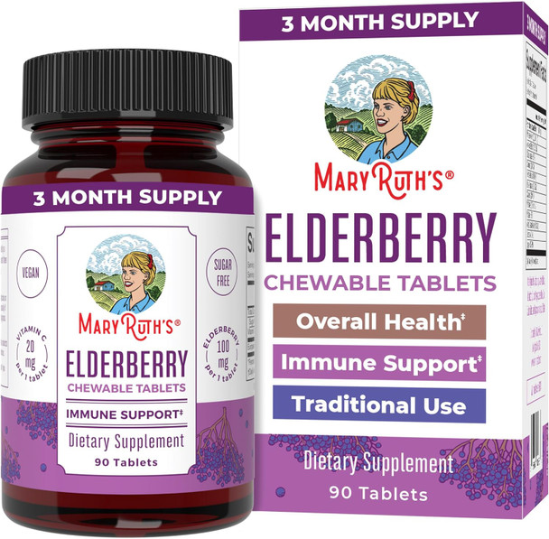Maryruth Organics Elderberry + Vitamin C Chewable Tablets | Sambucus nigra | Black Elderberry for Immune Support | 3 Month Supply | Gluten | Non-GMO | 90 Servings