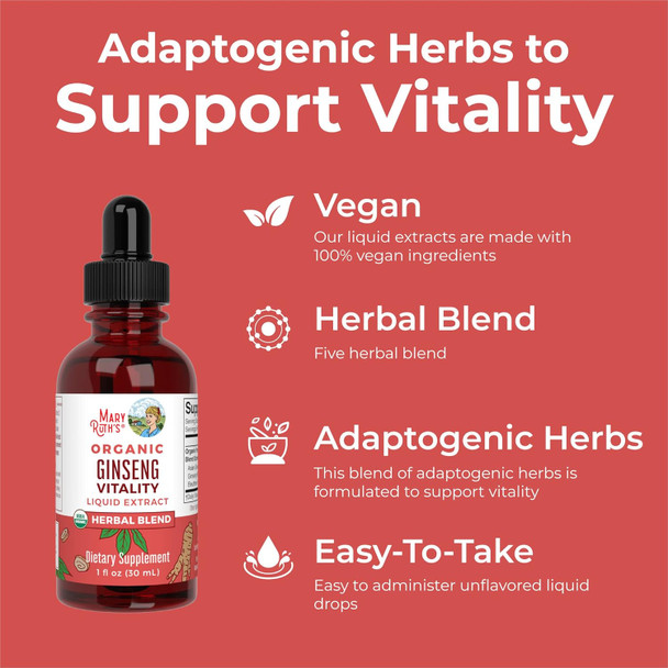 Maryruth Organics Herbal Supplement for Brain Function | Boost Energy | Memory | Vitality USDA | Ginseng with Ashwagandha | Eleuthero and Maca Root Extract | 1 Fl Oz