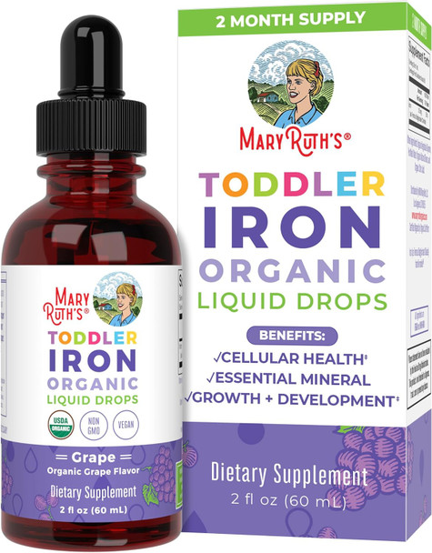 Maryruth Organics Iron Supplement for Toddlers | Liquid Iron Supplement for Children Ages 1-3 | Iron Supplement for Iron Deficiency | Ferrochel | Sugar | Vegan | Non-GMO | Gluten | 2 Fl Oz
