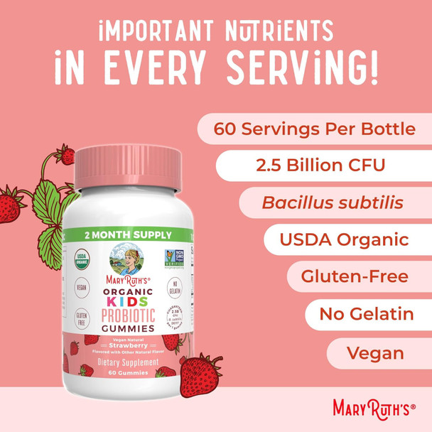Maryruth Organics Multivitamin and Probiotic Gummies (Strawberry) for Kids | Clean Label Project Verified® | Vitamins for Gut Health Immunity & Overall Wellness | Vegan Non-GMO Gluten