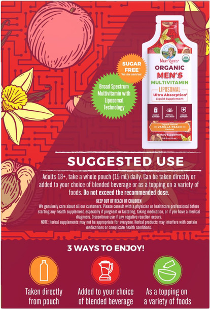 Maryruth Organics Multivitamin for Men | USDA Organic | Sugar Mens Multivitamin Liposomal | Liquid Vitamins for Men | Immune Support Supplement & Overall Wellness | Vegan | 14-0.5 Fl Oz Pouches
